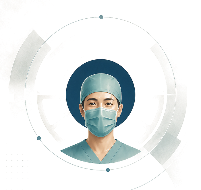 Illustration of a surgeon in a mask and scrub cap, framed by a circular clinical motif